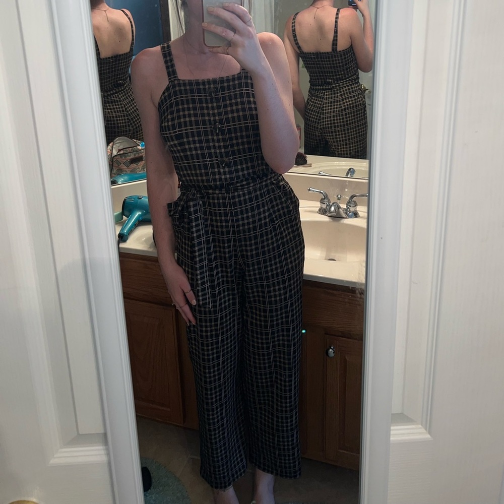 Brown and tan plaid jumpsuit